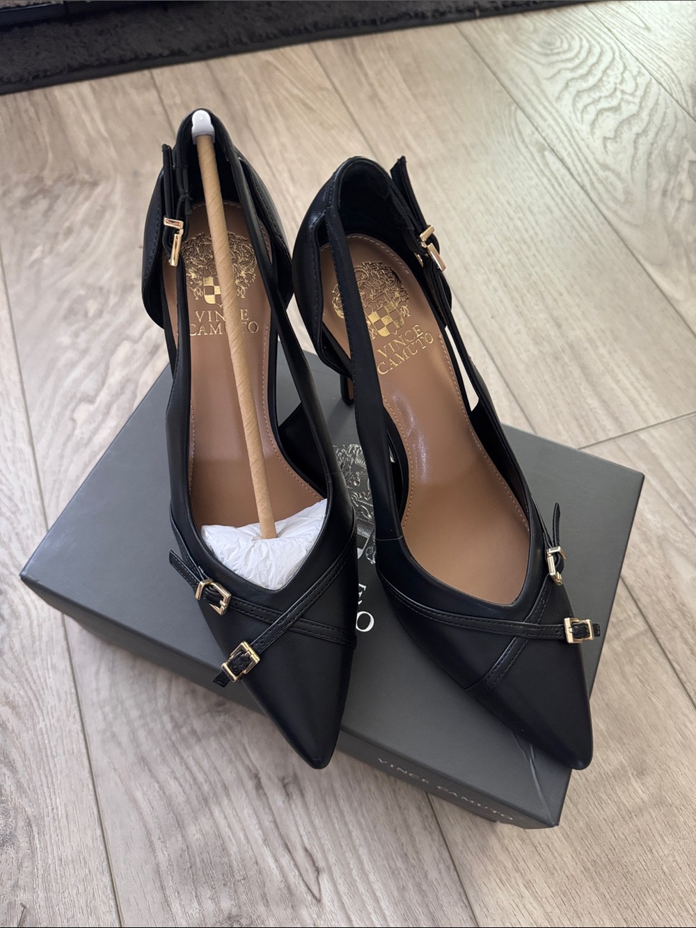 Vince Camuto Black Pointed Leather Buckle Slingback Heels with Gold Accents